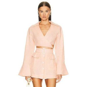 MATTHEW BRUCH Long Sleeve Wrap Crop Top Peach Linen Orange